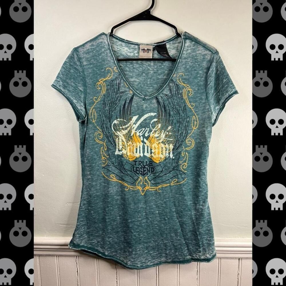 Harley Davidson Graphic Tee Green Burnout V Neck Biker Shirt Medium